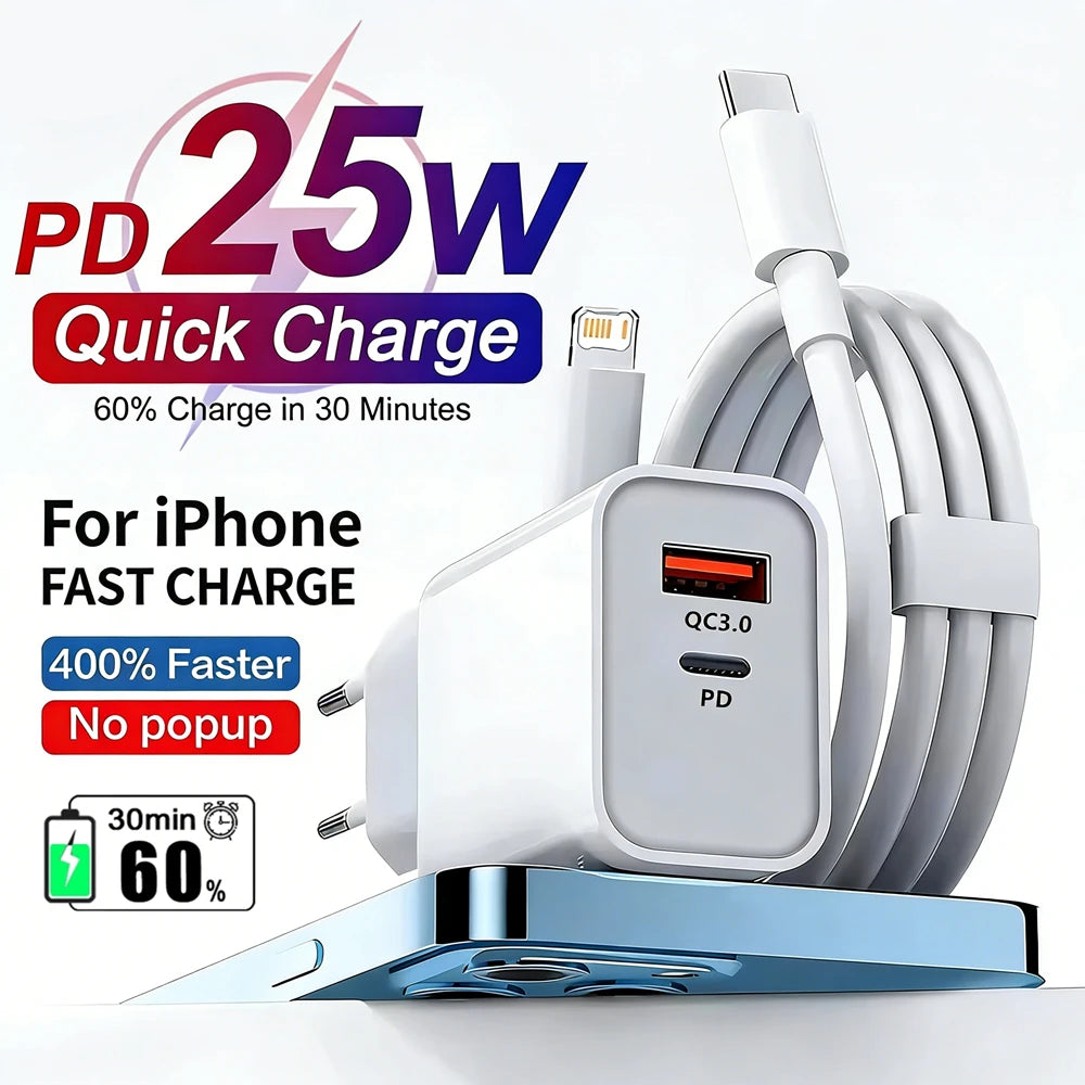 25W PD USB C Multi-Port Fast Charger For iPhone 11 12 13 Mini 14 Pro Max X XR XS Max 7 8 Plus Quick Charging PD Cable 1m 1.5m 2m