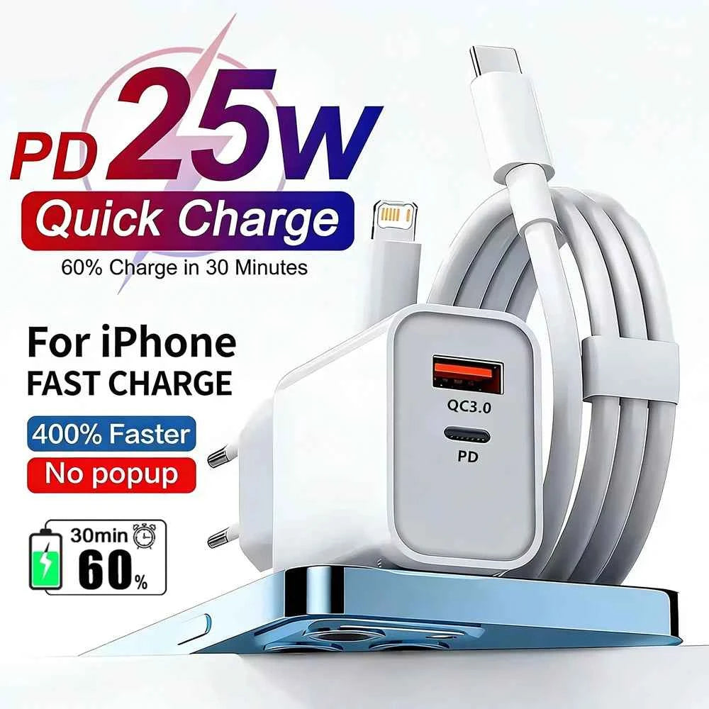 25W PD USB C Multi-Port Fast Charger For iPhone 11 12 13 Mini 14 Pro Max X XR XS Max 7 8 Plus Quick Charging PD Cable 1m 1.5m 2m