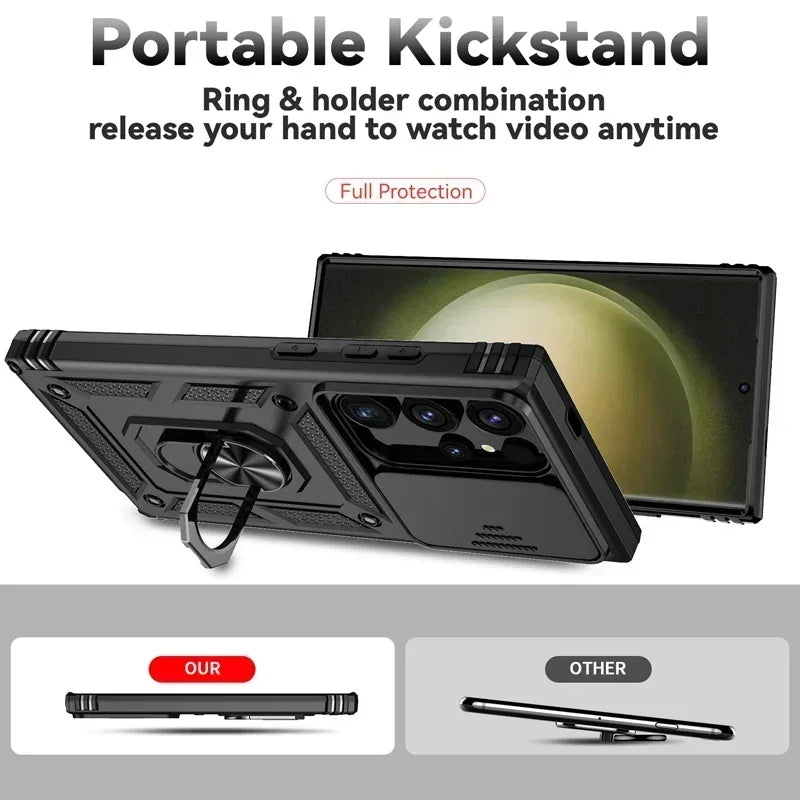 Slide Camera Lens Military Grade Armor Case For Samsung Galaxy S25 Ultra Plus S24FE A16 A06 A26 A36 A56 Holder Ring Stand 2026