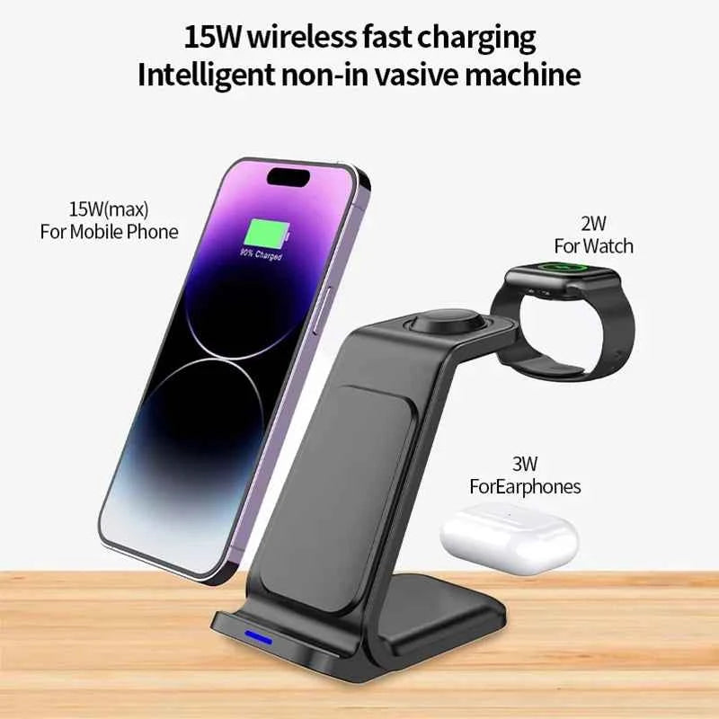 3 In 1 Magnetic Wireless Charger Stand For iPhone 16 15 14 13 Pro Max Apple Watch 9 8 AirPods Fast Charging For Samsung Xiaomi