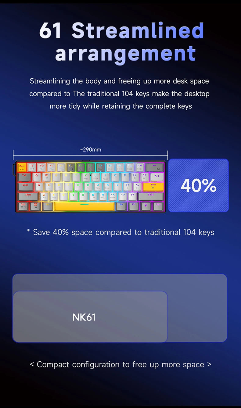 AJAZZ NK61 Wired Mechanical Keyboard, Mixed Backlight, Compact Mini Layout, Detachable USB-C Cable, Keycap Puller Included