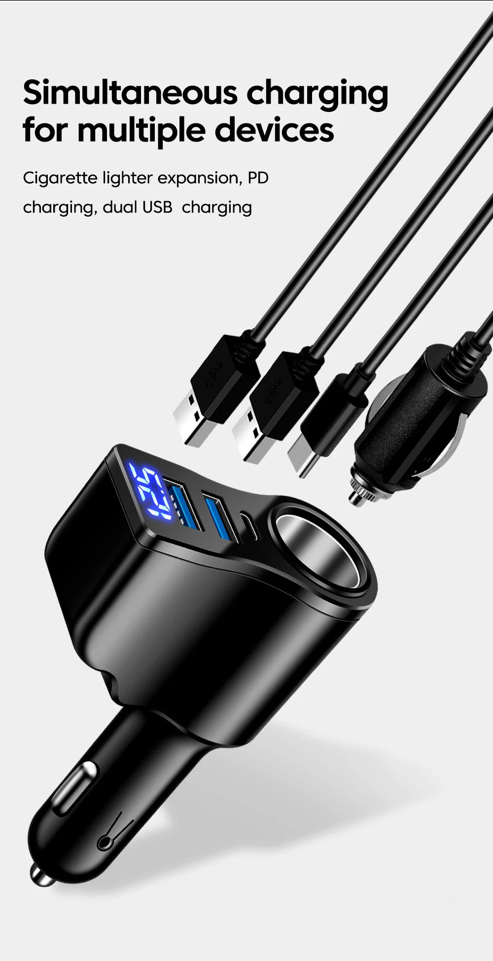 66W 4 Ports Digital Display Car Cigarette Lighter Power Adapter 3.1 A USB PD Car Phone Multifunctional Charger For iPhone Huawei