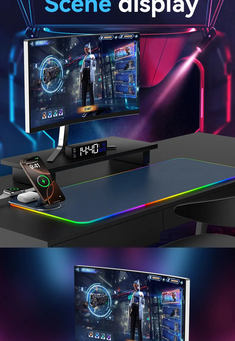 15W 3 in 1 Wireless Charging Mouse Pad Customized Desk Pad Fantasy Glowing Game Pad Rubber Cloth Mouse Pad Super Large Mat