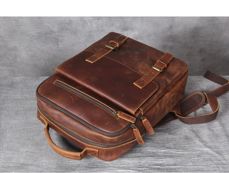 Vintage Crazy Horse Genuine Leather Backpack Men Bagpack Cowhide Hiking Backpack 17