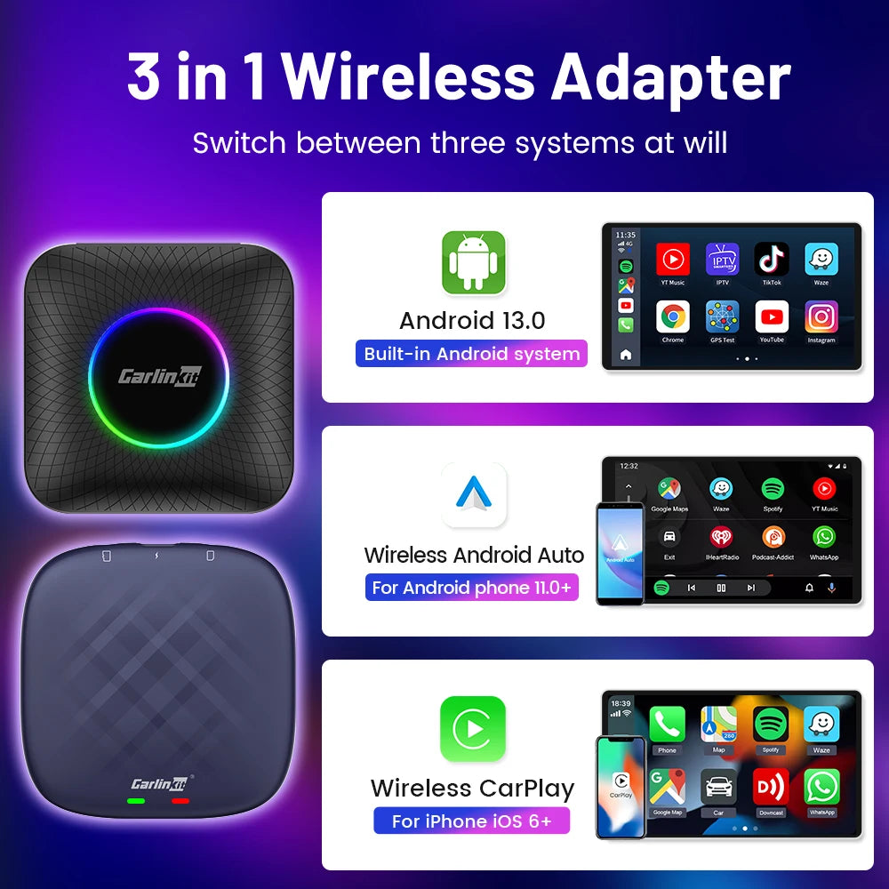 Carlinkit Ai Box Android 13 Led Wireless Android Auto & CarPlay Smart Tv Box QCM6225 Support Youtube Netflix Car Accessories