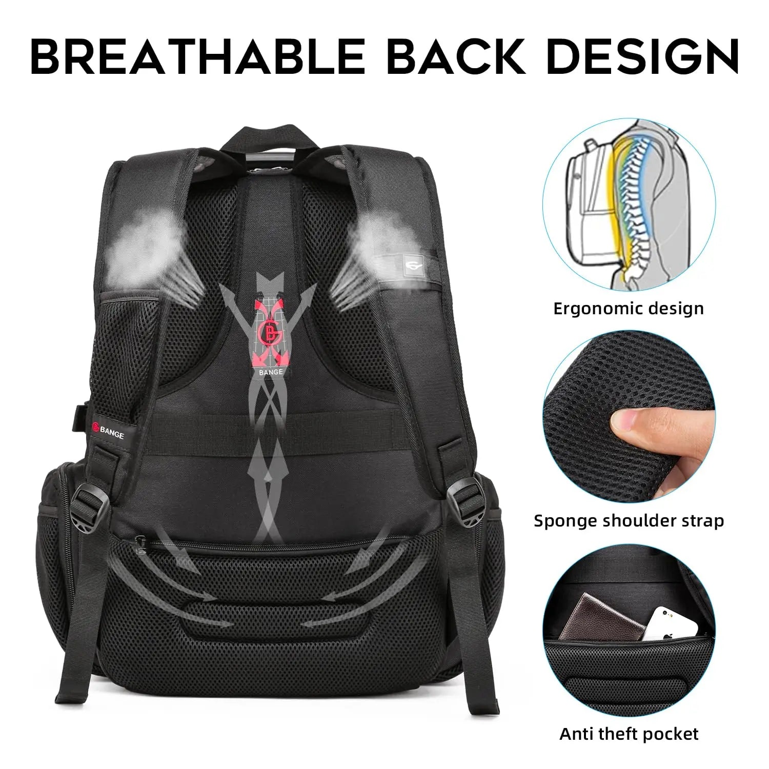 BANGE Large Multi-Function 40L Laptop Backpack 17 Inch Durable Travel Backpack School Bag For Teenagers with USB Recharging Port