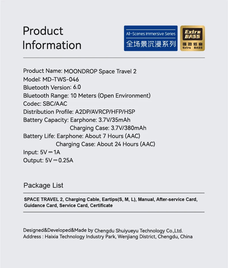 Moondrop Space Travel 2 HiFi Noise-Canceling TWS  Bluetooth 6.0 Compatibility Earphones with Great Call Quality