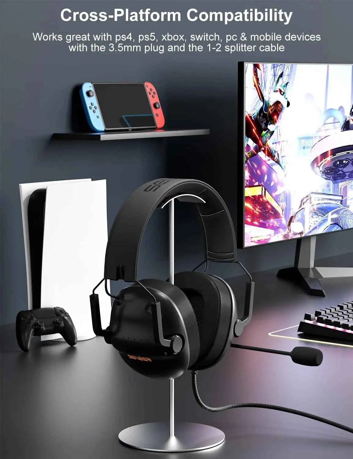 SENZER SG500 Surround Sound Pro Gaming Headset with Noise Cancelling Microphone-Portable Foldable Headphones for PC,PS4,PS5,Xbox