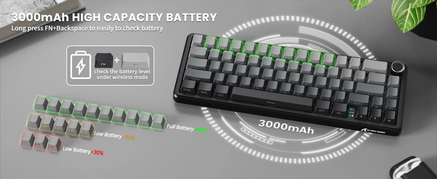 ATTACK SHARK X66 60% Wireless Mechanical Gaming Keyboard with Knob,3-Mode Gasket Hot Swappable Custom Keyboard with Coiled Cable
