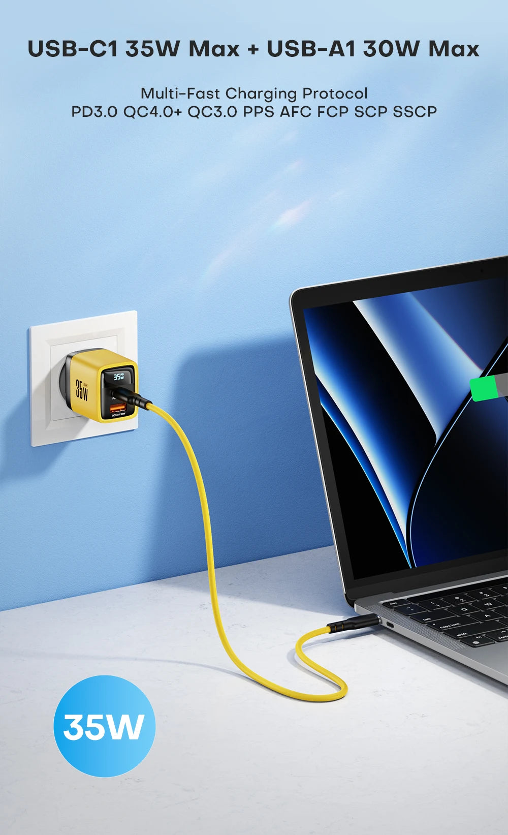 35W GaN Charger LED Display USB Charger for IPhone 14 Pro Samsung Xiaomi IPad Pro PD 3.0 QC 3.0 Quick Charger USB C Fast Charge