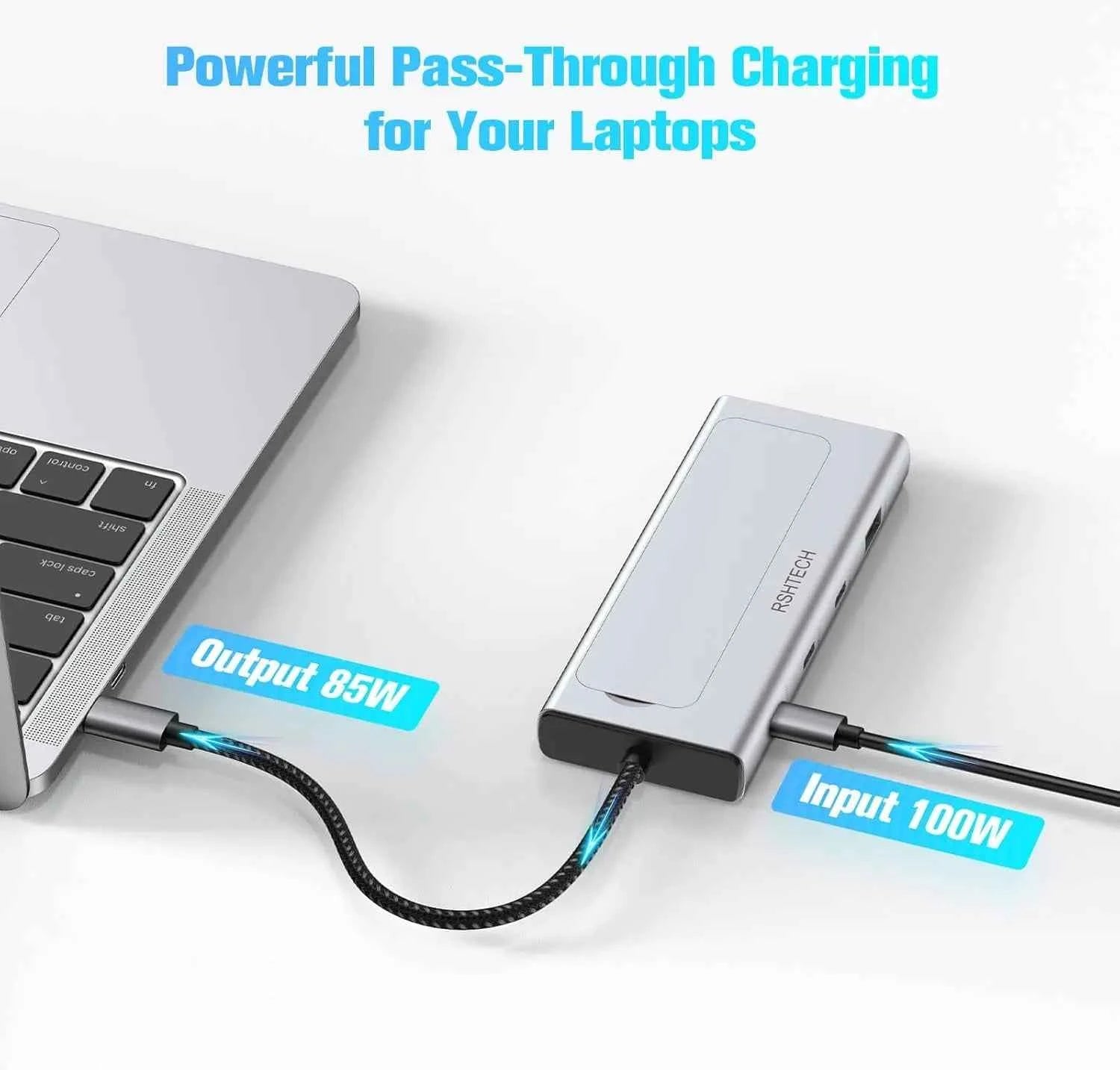 RSHTECH M.2 NVMe/SATA SSD Enclosure 5-in-1 Aluminum 10Gbps USB C Hub with 3 USB 3.2 Data Ports 100W Power Delivery and M2 SSD Docking Station External USB-C to M.2 Caddy for Laptops MacBook