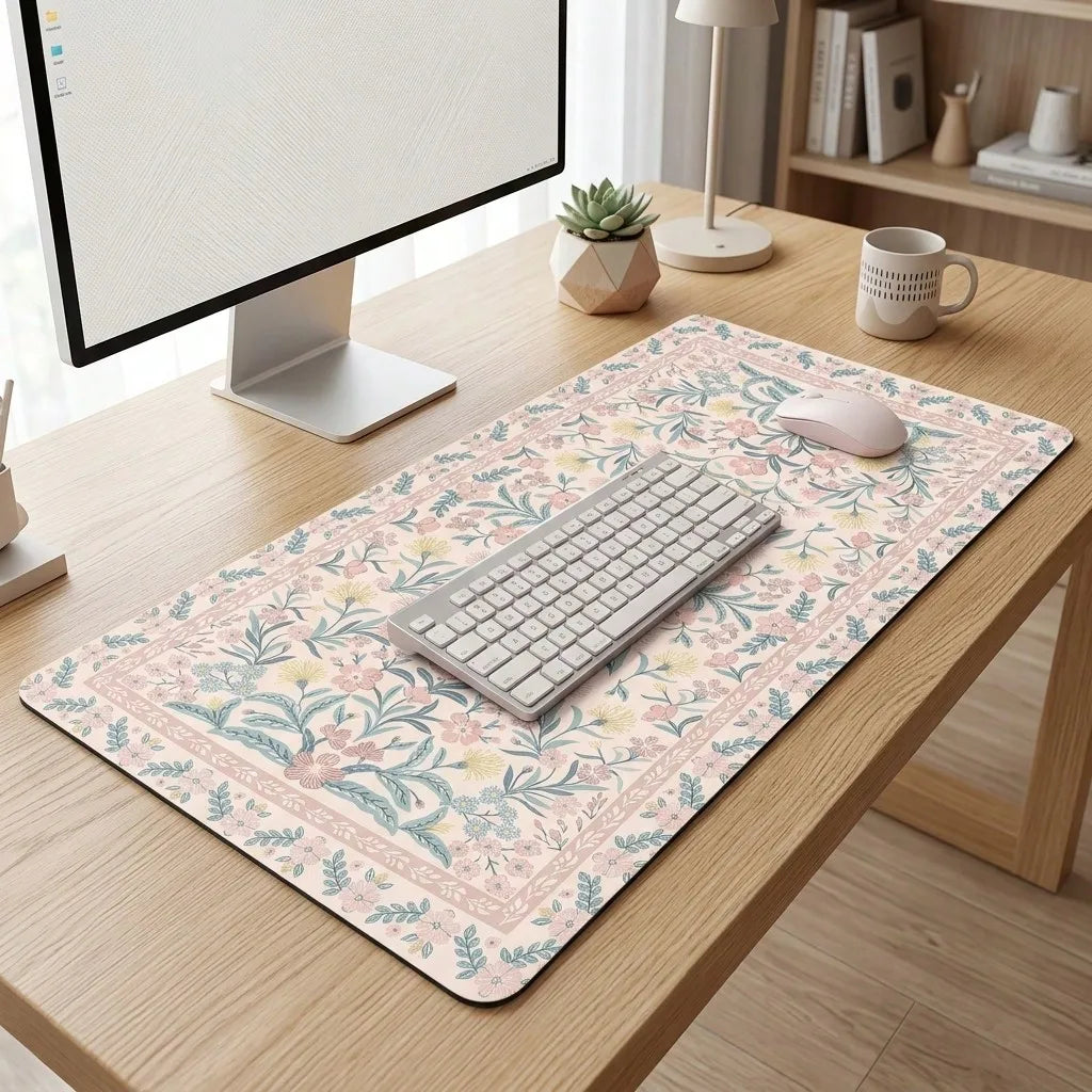Pink Floral Pattern Desk Mat, Non-Slip Rubber Base, Can Be Used As Mouse Pad, Desk Protector, Study Mat, Keyboard Pad, Multiple Sizes Available, Ideal Gift For