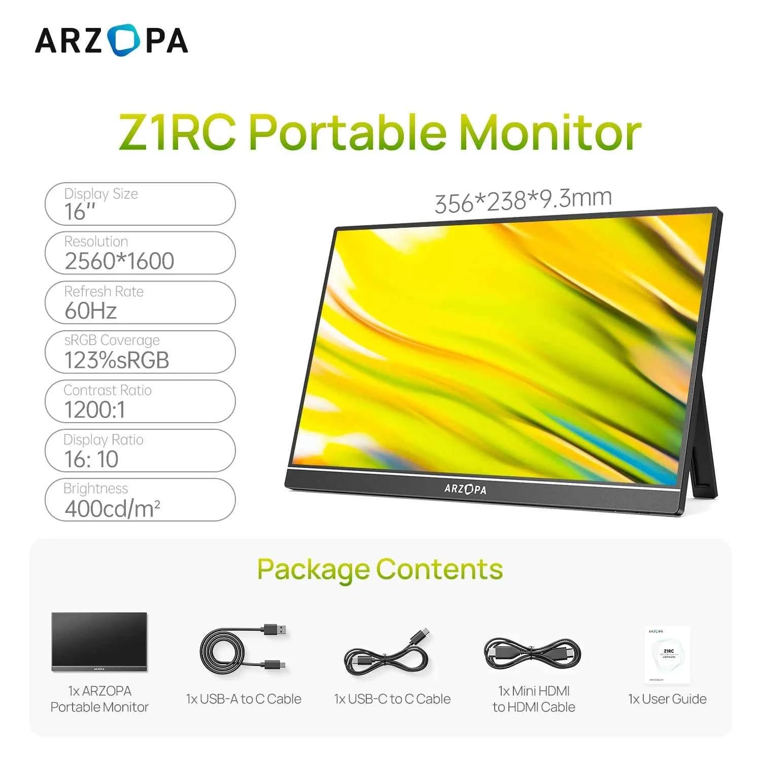 ARZOPA 16inch 2K Portable Monitor 16:10 IPS Screen with type-c mini hdmi Second Display