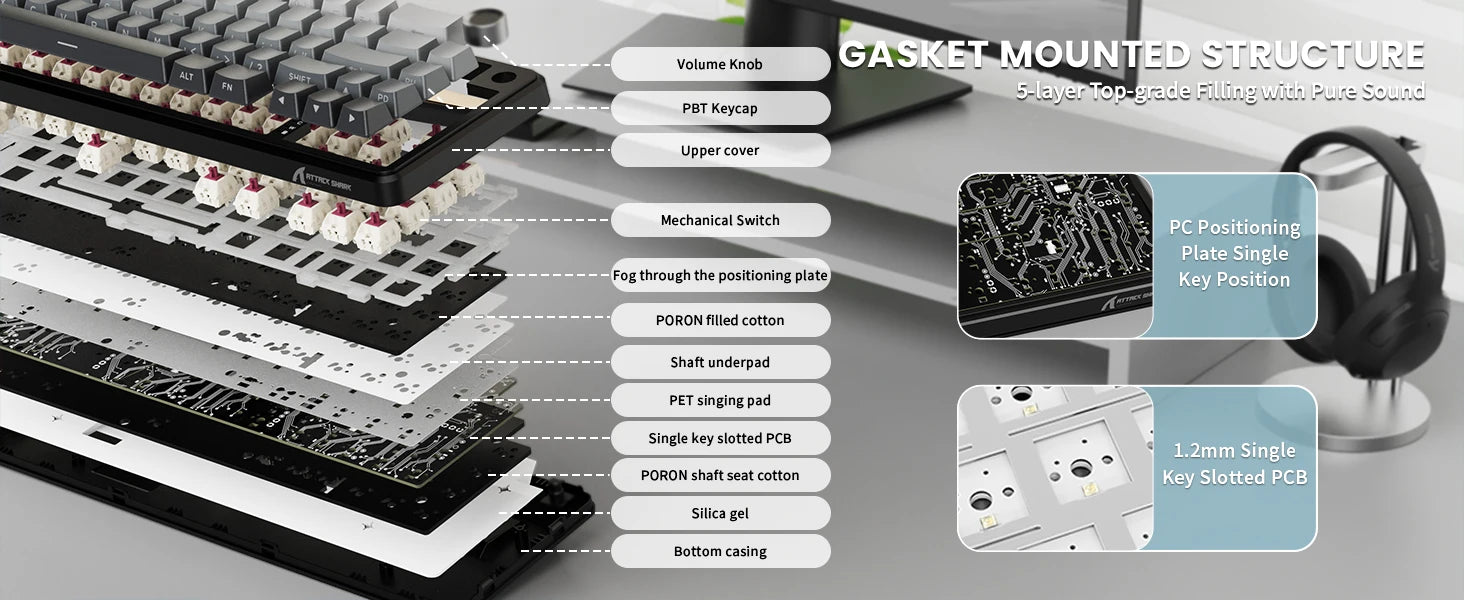 ATTACK SHARK X66 60% Wireless Mechanical Gaming Keyboard with Knob,3-Mode Gasket Hot Swappable Custom Keyboard with Coiled Cable