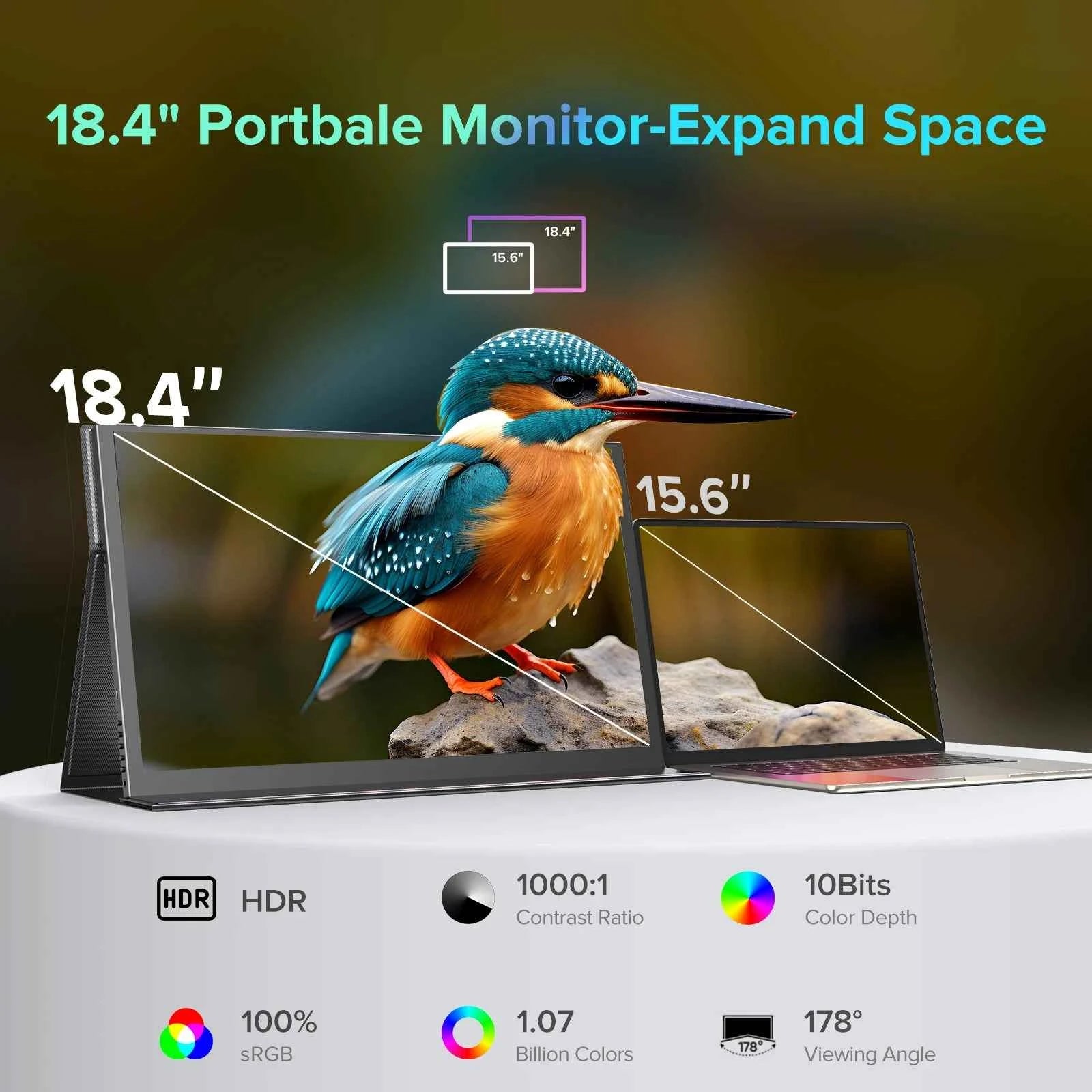 UPERFECT 4K Portable Monitor 18.4' 3840 X 2160 UHD USB-C HDMI FreeSync HDR External Computer Display with Speakers Cover VESA