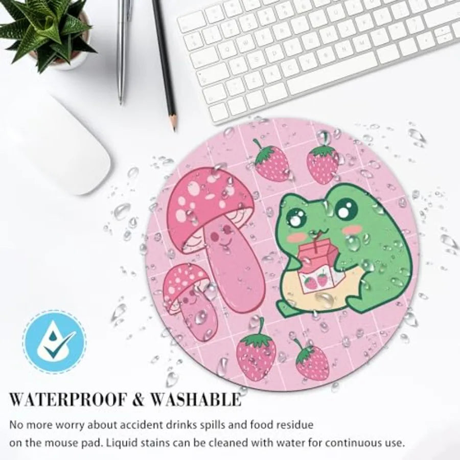 Pink Kawaii Frog Cute Round Mouse Pad Mushroom Strawberry Circle Mousepad Desk Mat Aesthetic Preppy Women Office Small Accessor