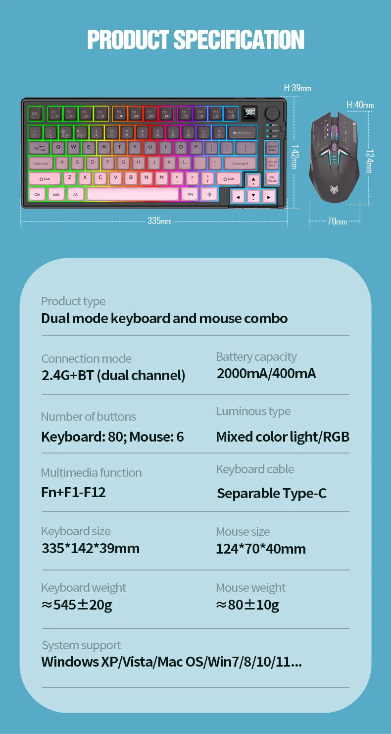 XUNSVFOX K920 Bluetooth Wireless Keyboard Mouse Set Dual Model Laptop Home Office Gaming USB Light Charging