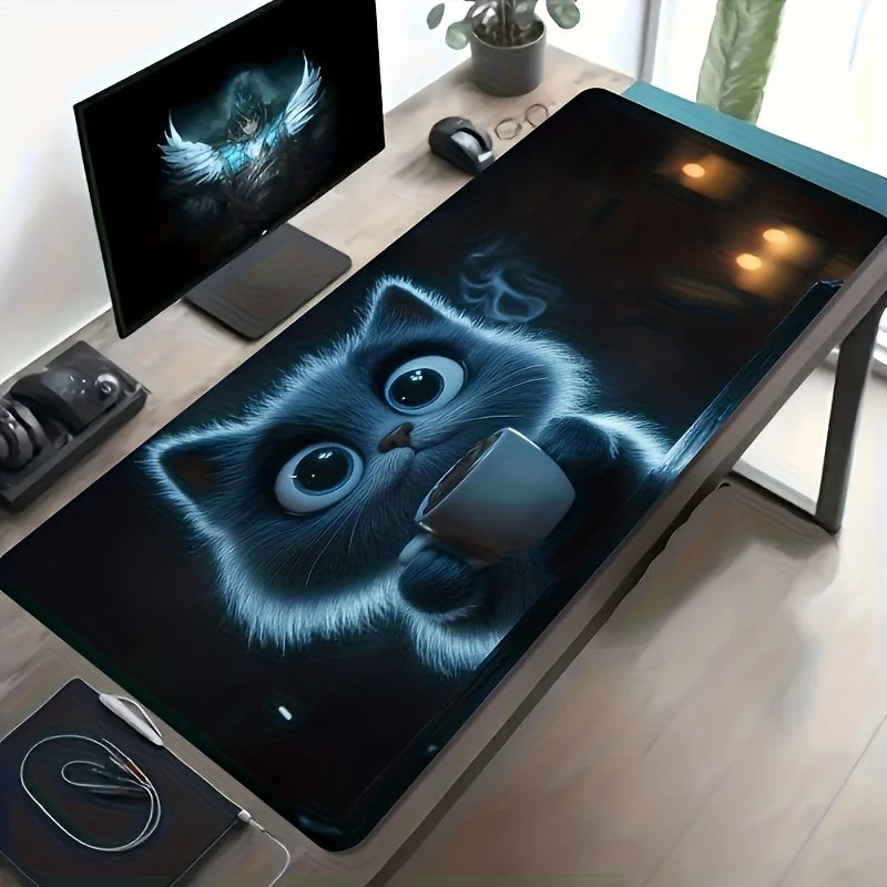 1 Large Gaming Mouse Pad - Non-Slip Washable Surface, Cute Cat Holding Coffee Design, Expressive, Extra-Long Desk Mat for PC, Office, Esports - Ideal Gamer