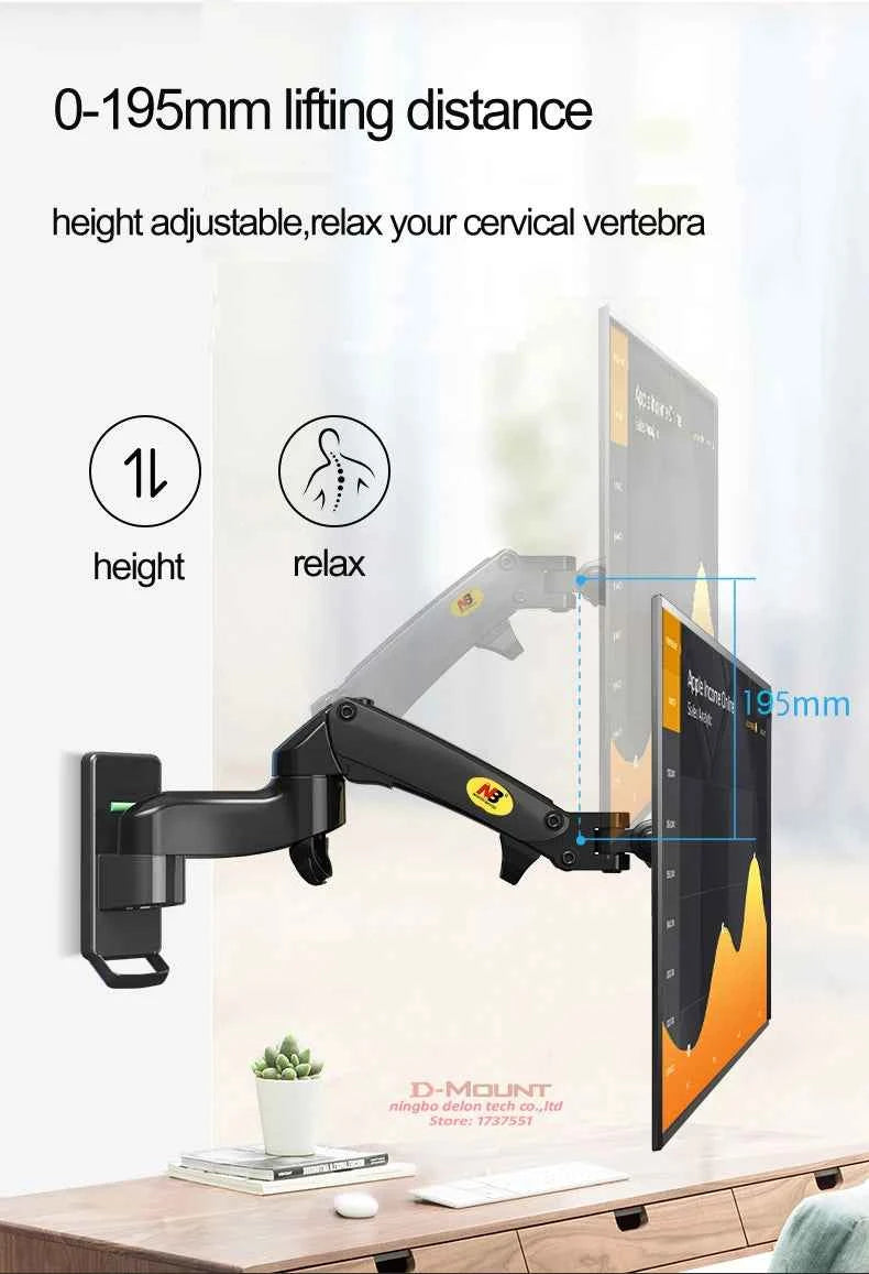 NB F150 Aluminum Gas Spring 3-12kg 100x100 75x75 17'-35' TV Monitor Wall Mount Screen Air Press Wall Bracket Holder Tilt Swivel