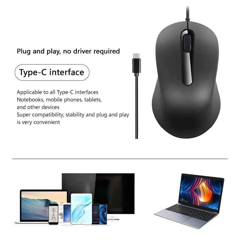 Type-c Wired Mouse Silent Portable Tablet Notebook Office Optical Mouse Ergonomic Design For PC Android IOS