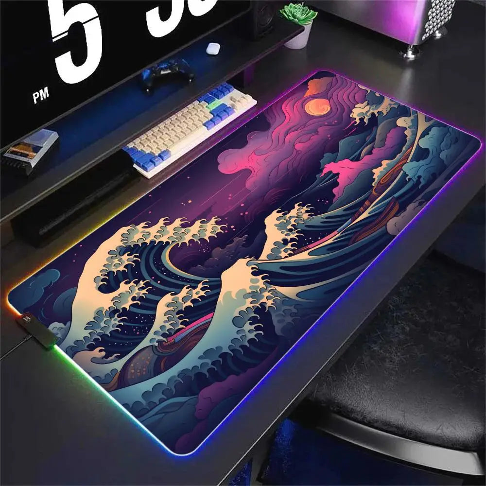 Japan Style Wave Mouse Pad RGB Lighted Mousepad Mechanical Keyboard Pads Office Computer Accessories LED Non-slip Game Table Mat - WinSupport Tech