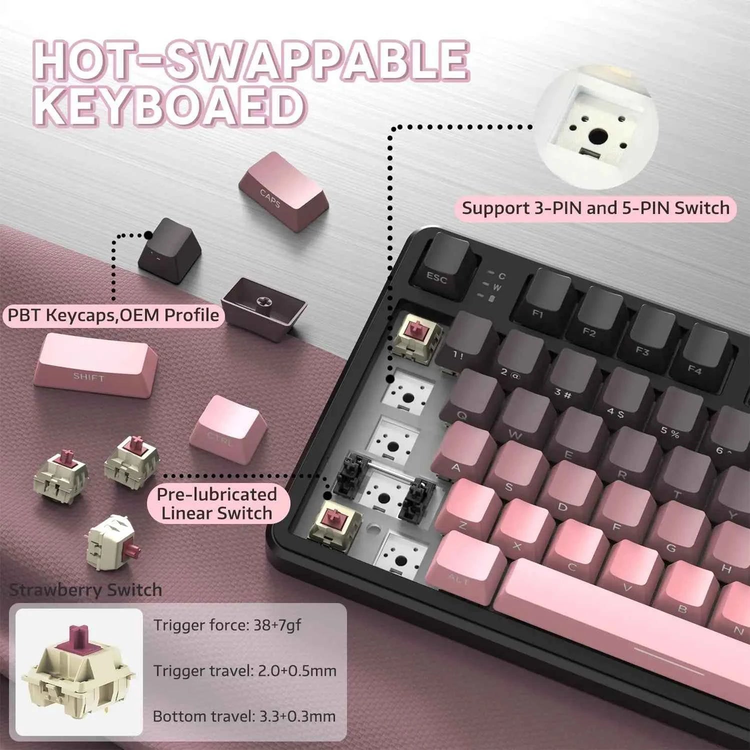 Attack Shark X87 Wireless Mechanical Keyboard, Hot Swappable Gasket Gaming Keyboard RGB Backlit Gaming Keyboard,BT/2.4GHz/USB-C