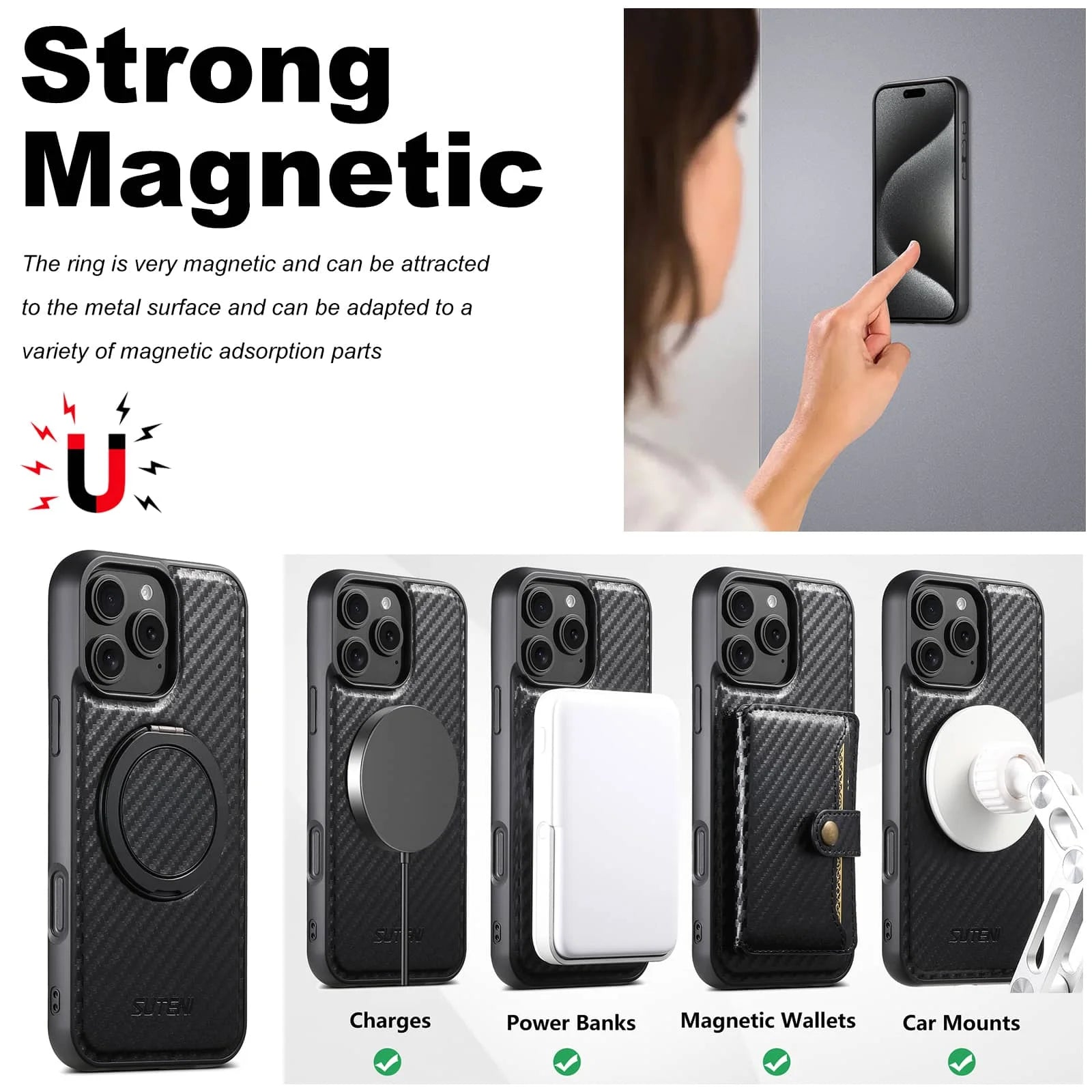 For iPhone 16 15 14 13 12 Pro Max Carbon Fiber Case, Compatible with Magnetic Built in Kickstand Shockproof Protective Cover