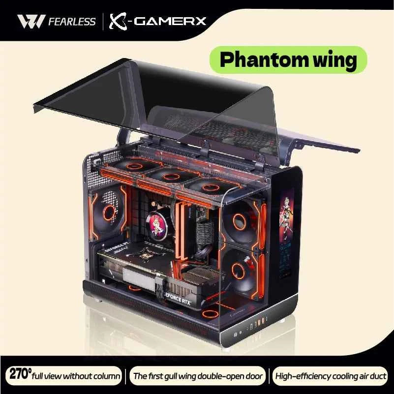PowerTrain  X-GAMERX Phantom Wings LCD Edition Black Seaview Room Case MATX Vertical Desktop Computer 360 Water-cooling Host