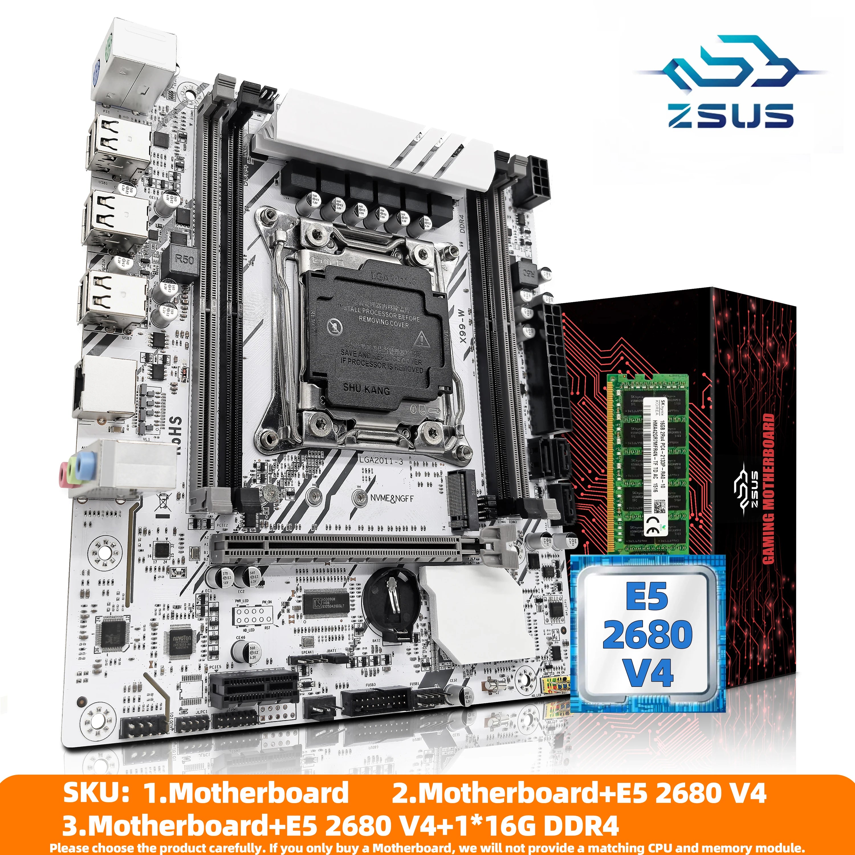 ZSUS X99-W Motherboard Set Kit With LGA2011-3 Xeon E5 2680V4 CPU DDR4 16GB (1*16GB) 2133MHZ RAM Memory NVME M.2 SATA - WinSupport Tech