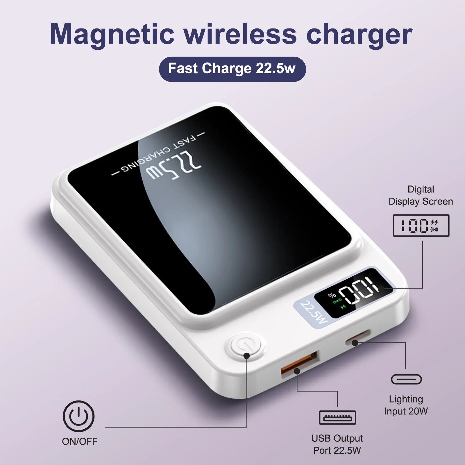 2-in-1 Wireless Magnetic Power Bank Fast Charging Portable PD 22.5W 10000mAh LED Power Display for iPhone 17/16/15/14 Samsung