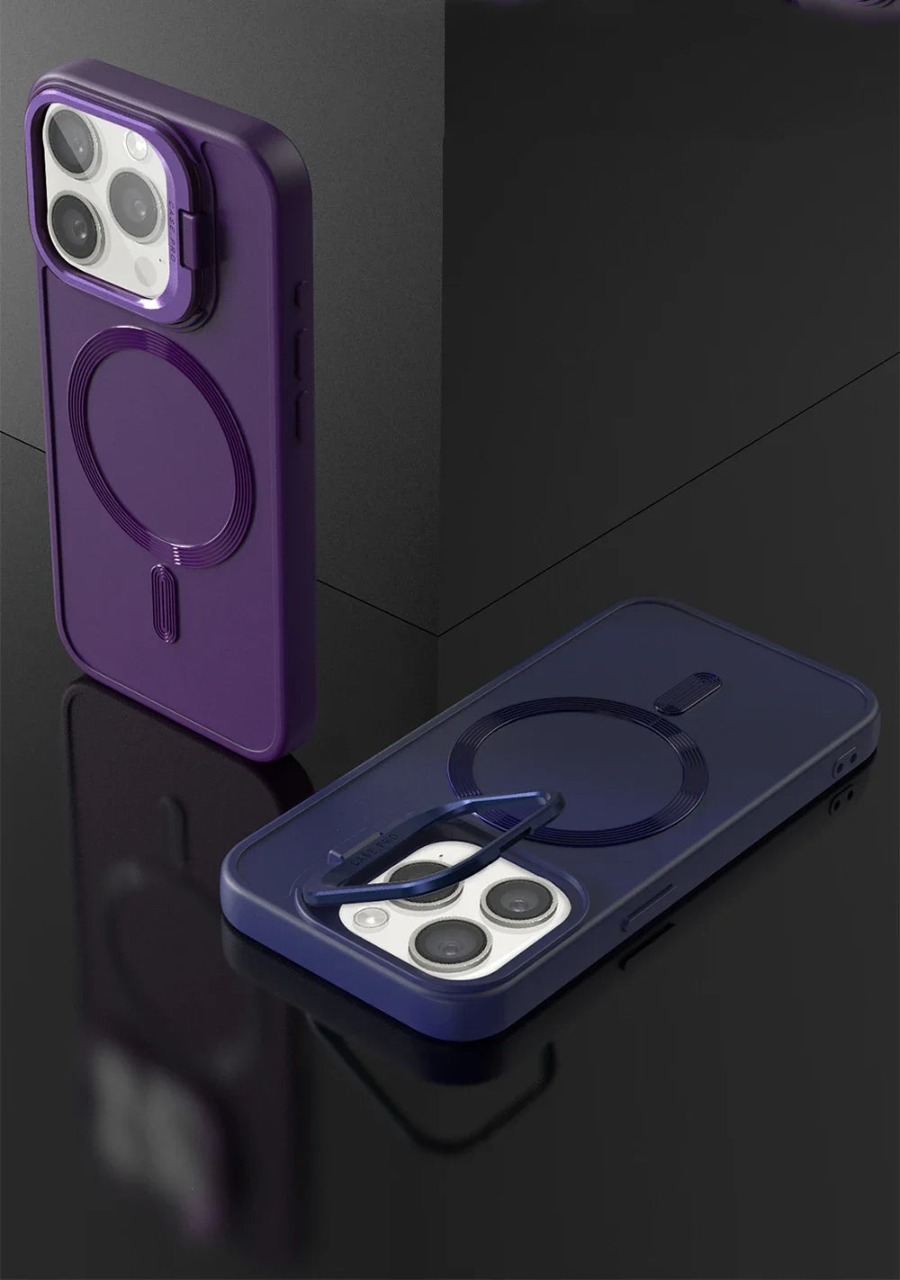Stand Case for iPhone 16 15 14 13 12 11 Pro Max Cover Magnetic for Magsafe Wireless Charge Shell Camera Holder Soft Matte Fundas