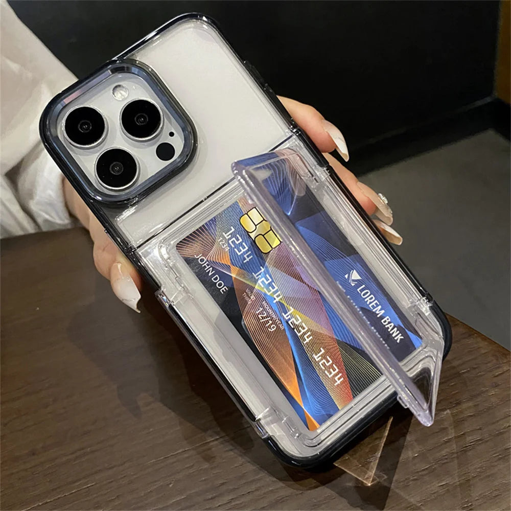 Transparent Card Slot Bag Holder Phone Case For iPhone 15 14 13 11 12 16 17 Pro Max Shockproof Protection Hard Acrylic Cover