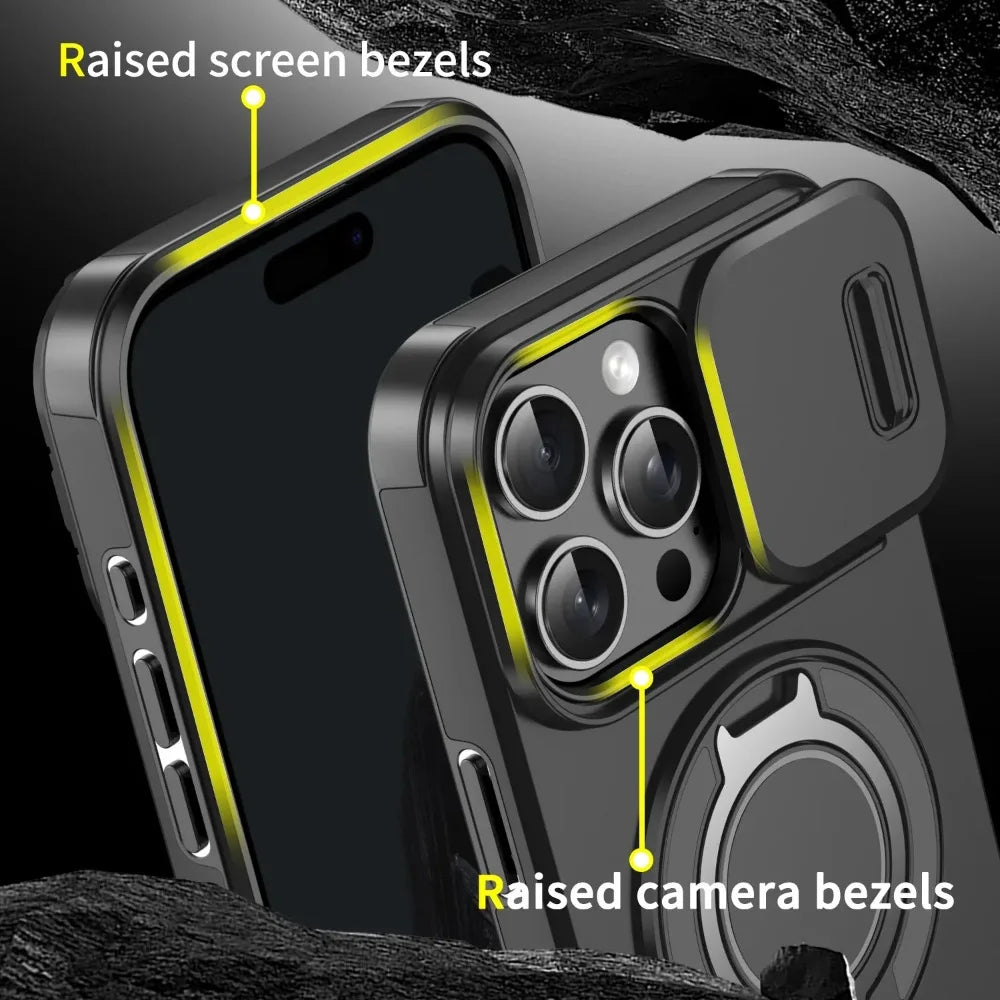 Luxury Heavy-Duty Rugged Armor Magnetic Bracket Case For iPhone 16 15 14 13 12 11 Pro Max Plus Slide Camera Protection PC Cover