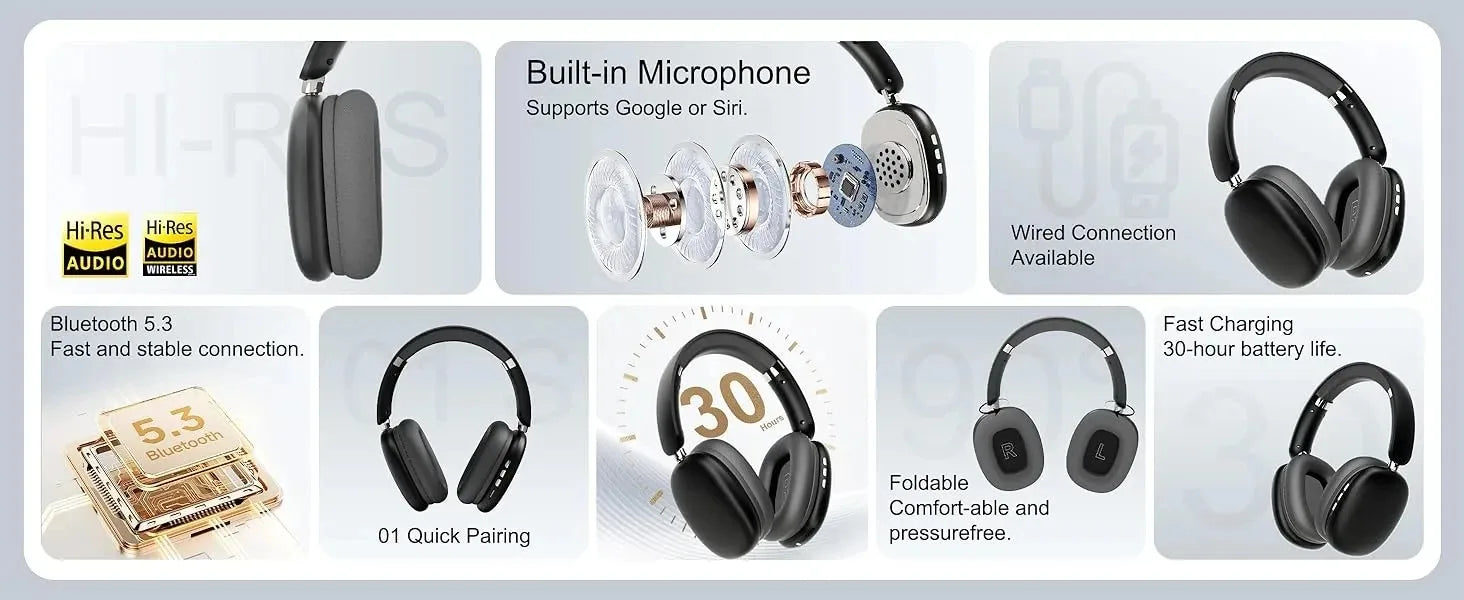 Premium Wireless Bluetooth Headphones Over Ear Foldable Headset with Mic Deep Bass HiFi Stereo Earphones Black Silver