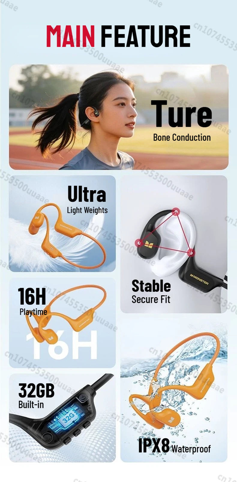 Monster BC300 Bone Conduction Bluetooth 6.0 Headphone IPX8 Waterproof Wireless Swimming Earphones Built-in 32GB Sport Earhook