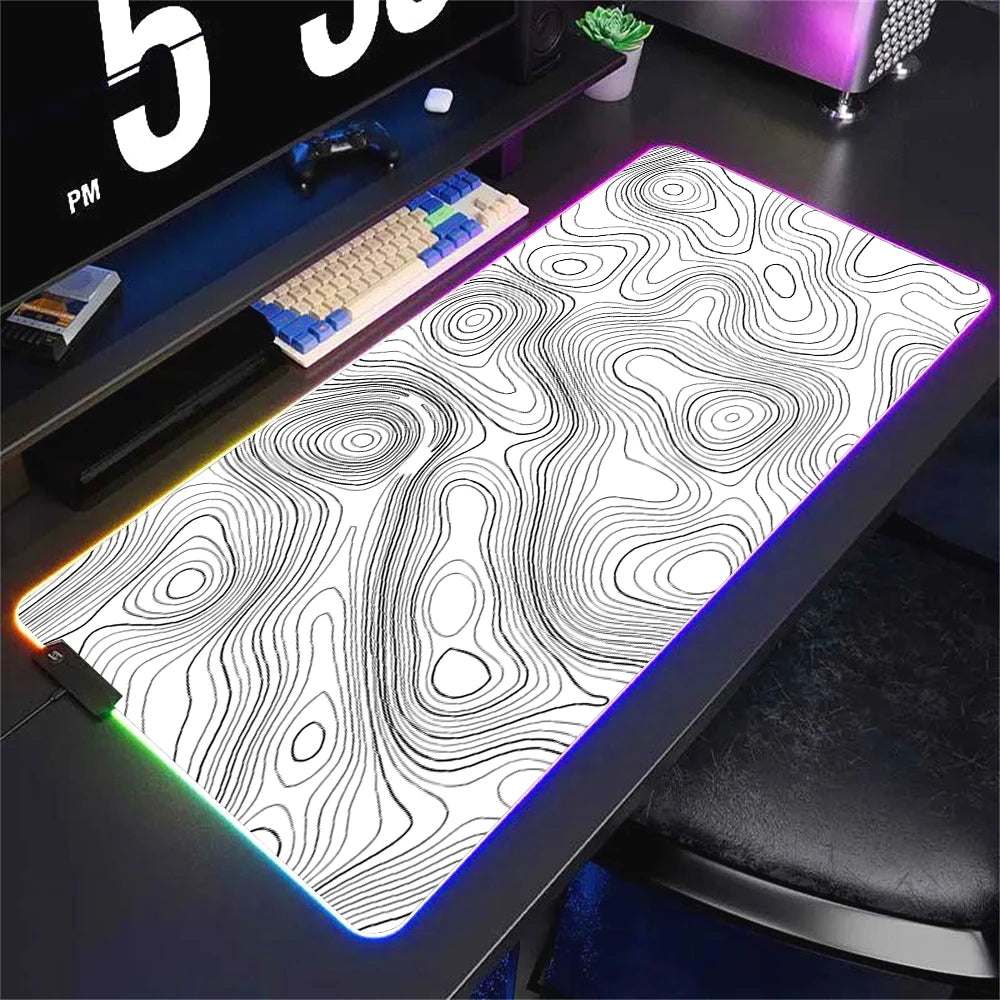 LED Desk Mat Black and White Lines RGB Computer Mouse Pad Gamer Cabinet Luminescence Abstract Mousepad Keyboard Gaming Deskmat