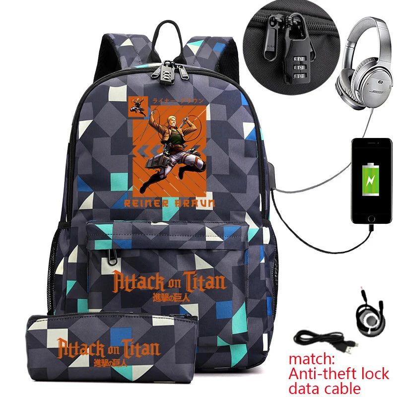 Attack on Titan Anime Print School Backpack Anti-Theft Laptop Bag for Boys Girls with Pencil Case