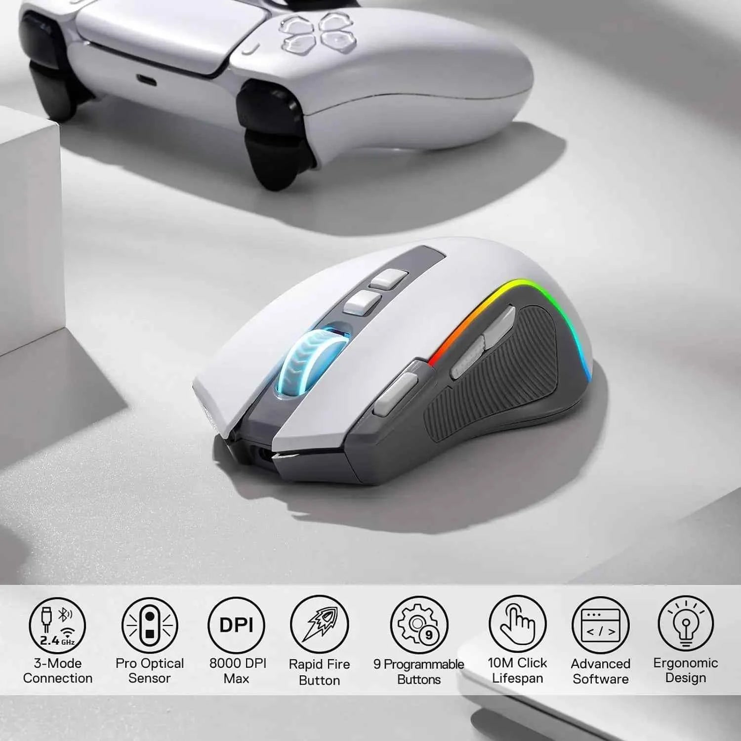Redragon M612 PRO RGB BT 2.4G Gaming Gamer Mouse, 8000 DPI Wireless Optical 9 Programmable Buttons 7 Backlit Modes, B