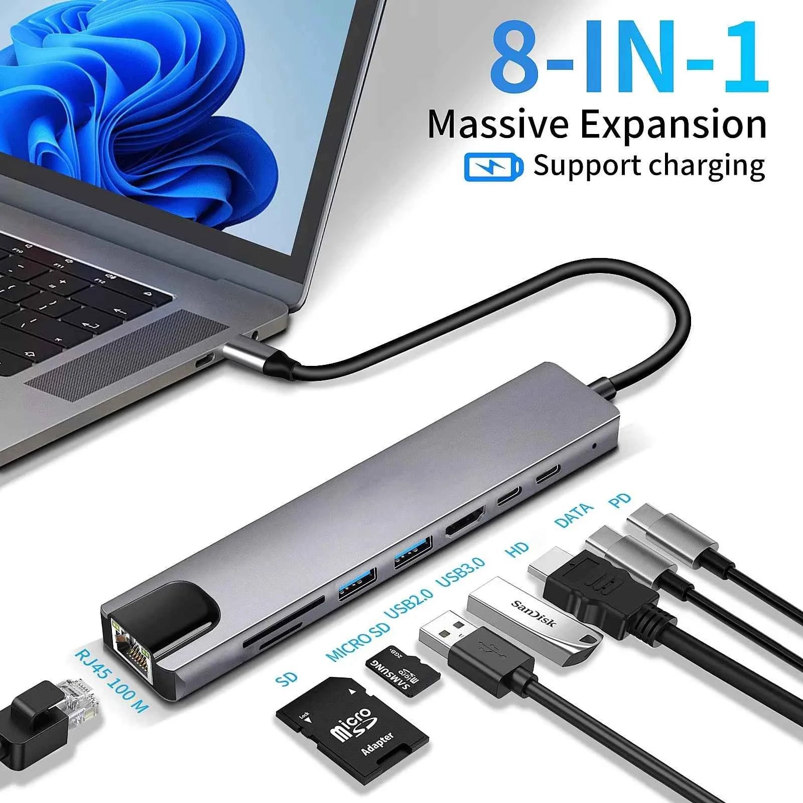 8 in 1 USB C Hub Type C to 4K HDTV Adapter for Gaming with RJ45 SD/TF Card Reader and Fast Charger for MacBook Notebook Windows Laptop Computer
