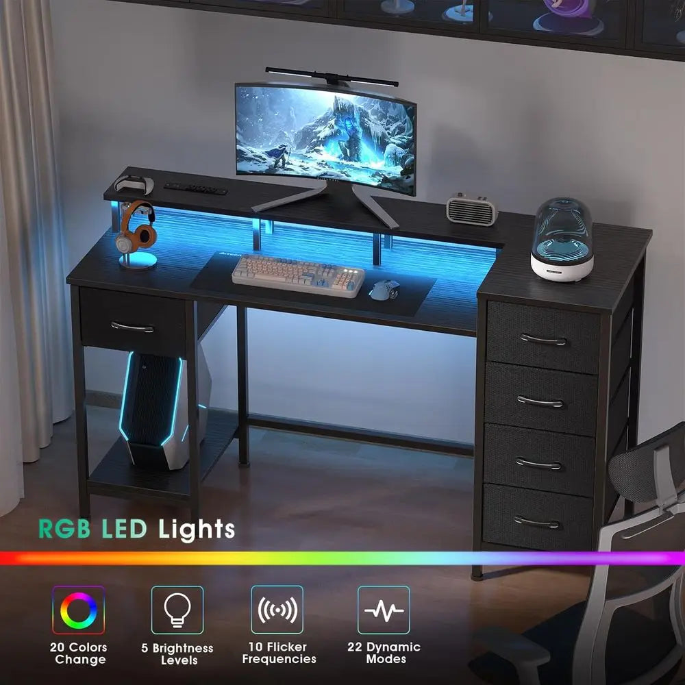 47 Inch Gaming Desk with Power Outlets and LED Lights, Reversible Computer Desk with 5 abric Storage Ders, Home Oice Desk with M