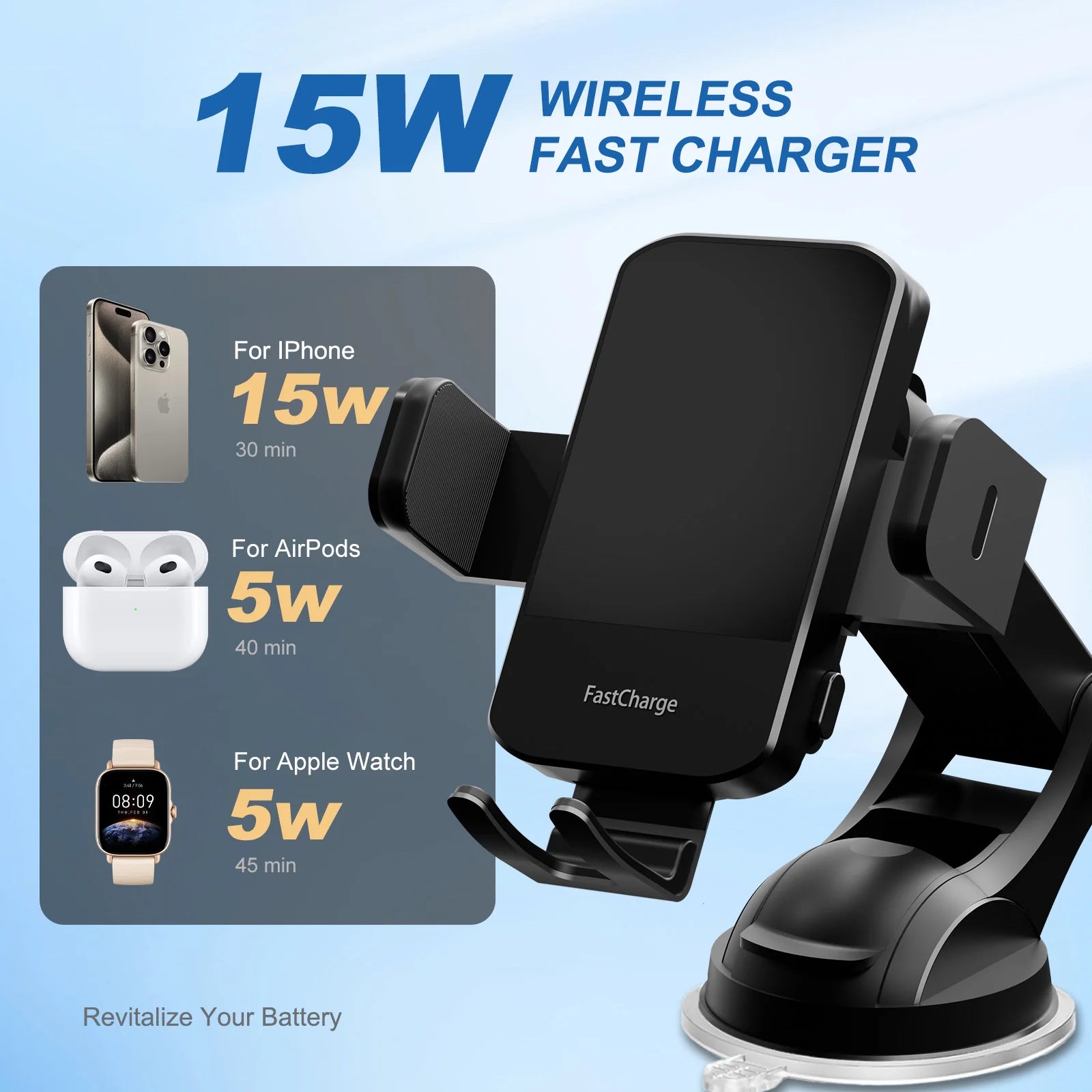 Wireless Car Charger Phone Holder 15W Fast Charge Station Mount Phone For IPhone 16 15 14 13 12 Pro Max 11 XR XS Samsung Galaxy