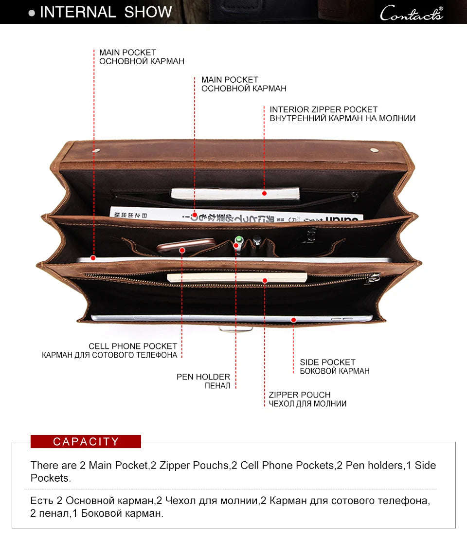 CONTACT'S Genuine Leather Business Bags for Men High Quality Briefcase Office Bag Male Tote Laptop Bags Portfolio Bag Document