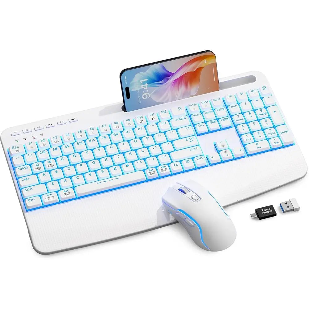 Wireless Ergonomic Backlit Keyboard and Mouse Set, 4000mAh Rechargeable, USB, Wrist Rest & Pen Holder, Quiet Typing, Windows Com