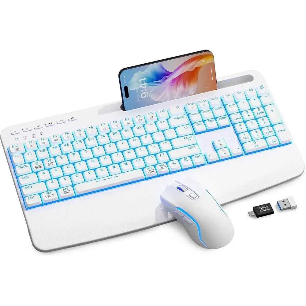 Wireless Ergonomic Backlit Keyboard and Mouse Set, 4000mAh Rechargeable, USB, Wrist Rest & Pen Holder, Quiet Typing, Windows Com