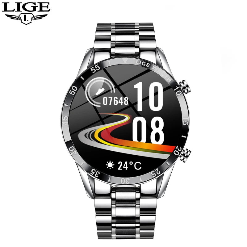 LIGE Men's Fashion Smart Watch Full Touch Bluetooth Call Waterproof Sport Fitness Tracker Luxury Steel Band Smartwatch for Adults