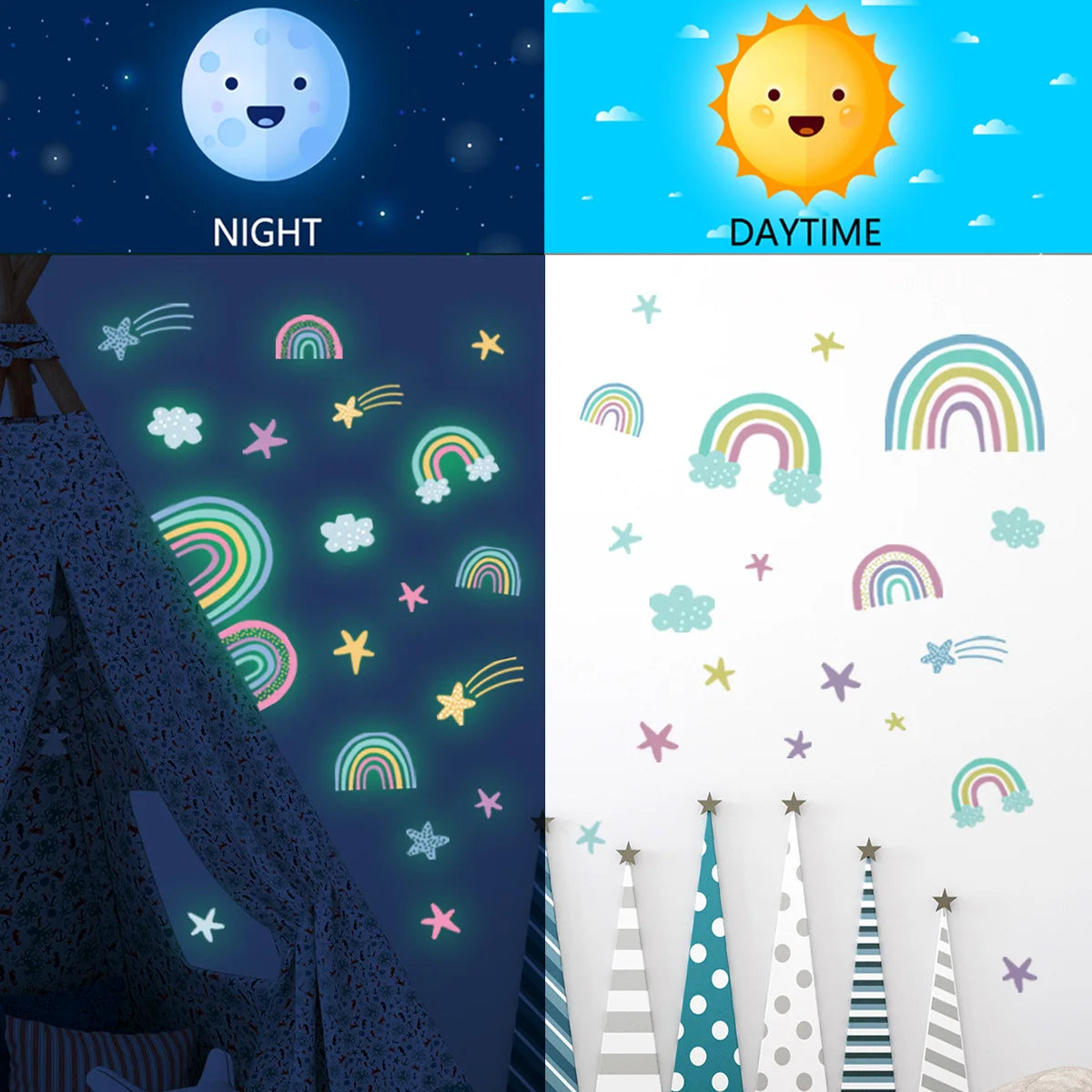 Cartoon Luminous Wall Stickers Glow In The Dark Fluorescent Rainbow Wall Decal For Kid Rooms Bedroom Ceiling Nursery Home Decor