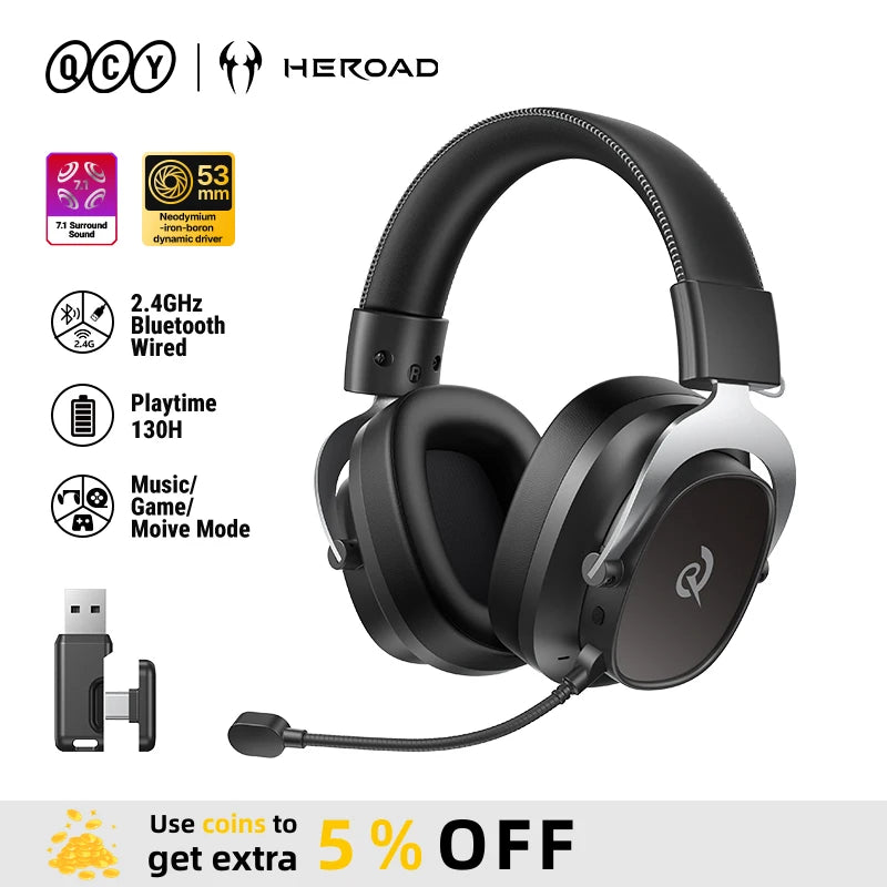 QCY Heroad VT200 Wireless Gaming Headset Detach Mic Over ear Headphone Tri-Mode 7.1 Surround Sound for PC/PS4/PS5 Headset Gamer