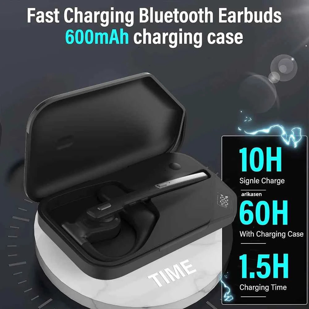 Bluetooth 6.0 Headset, Wireless Hands-Free Earpiece with ENC Dual Mic, Mute Button, Single-Ear Headphone for Trucker, Business