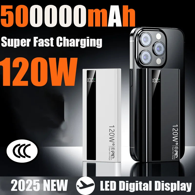 Lenovo 120W 500000mAh Capacity Power Bank Portable Super Fast Charging LED Digital Display External Battery for iPhone Samsung