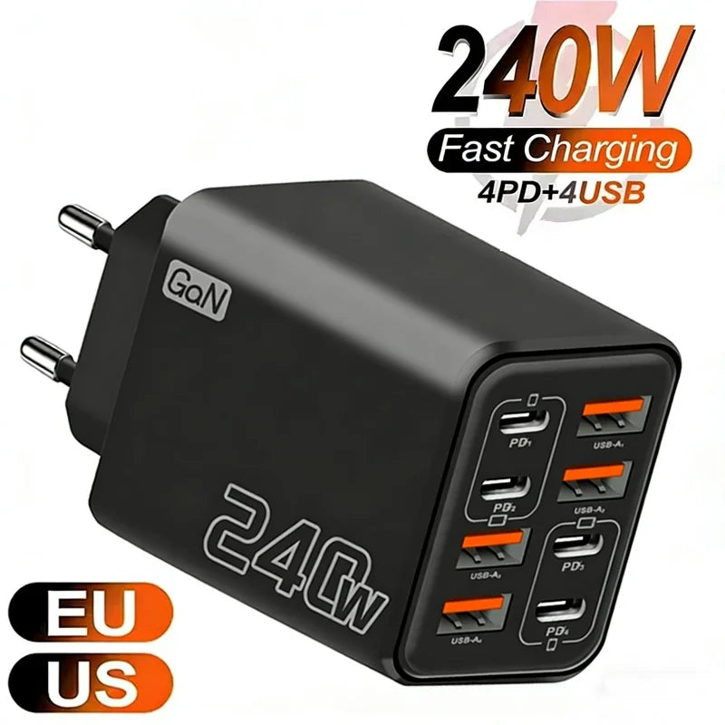 240W GaN USB C Charger 8 in 1 Fast Charging Phone Charger Power Adapter For iPhone Samsung Xiaomi Type C EU/US Plug Wall Charger phone accessories